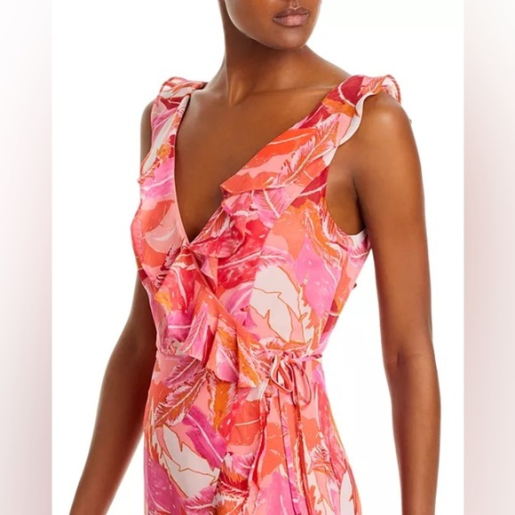 NWT AQUA Pink Botanical Wrap Dress Bloomingdale’s exclusive midi high low - Picture 2 of 11